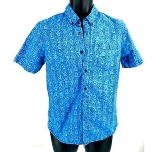 Vans Mens Button Shirt Blue Fish Print Short Sleeve Down Collar Aloha Size Small